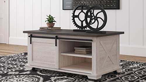Signature Design By Ashley Dorrinson Farmhouse Coffee Table With Sliding Barn Doors, Antique White & Brown #TOP1