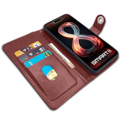 Image of Pikkme Infinix Smart 8 HD Flip Cover Leather Finish | Inside TPU with Card Pockets | Wallet Stand and Shock Proof | Complete Protection Button Flip Case (Brown)