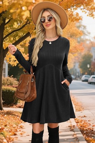 OFEEFAN Long Sleeve Dress for Women Crew Neck Empire Waist Tunic Dress with Pockets - Image 3