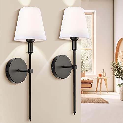 SoodMi Wall Sconces Sets of 2, Retro Industrial Wall Lamps, Rustic Wall Sconce FixtureBathroom Vanity Sconces Wall Lighting with White Fabric Shade, Wall Lights for Bedroom Living Room Kitchen