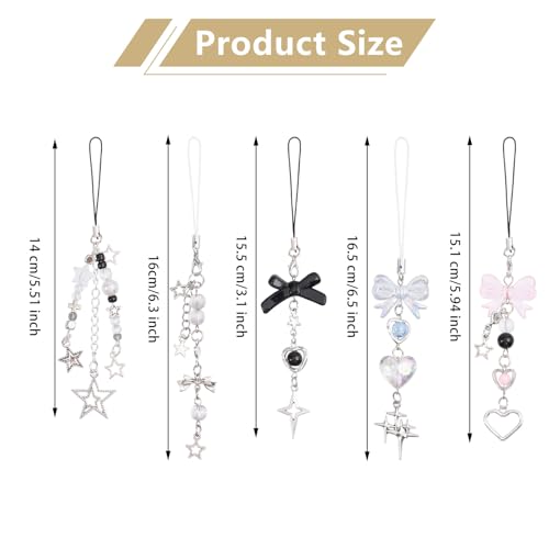GLOBLELAND 5 Stück Handykette Universal Kurz Handyanhänger Charms Stern Schlüsselanhänger Bowknot Süße Bag Charms Phone Charm Zubehör für Tasche Schlüsselanhänger Kamera Geldbörse Dekor