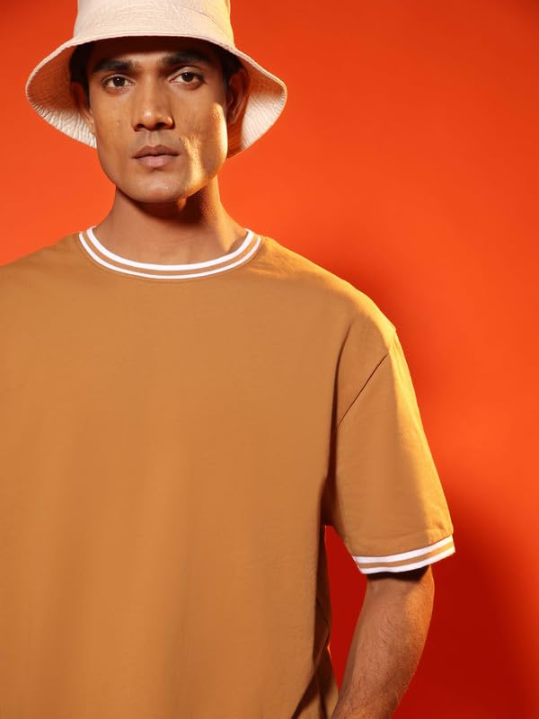 Image of SUBTRACT Round Neck Oversized T Shirt for Men | 100% Organic Cotton Oversized Tshirt | Contrast Rib Details & Comfort Fit