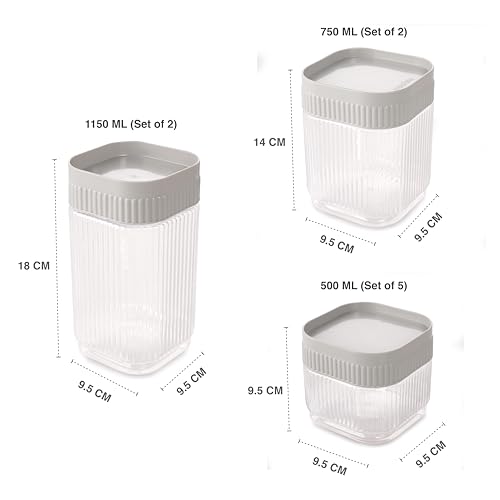 Image of Nayasa Refresh Container Set of 9 | 500ml x 5, 750ml x 2, 1150ml x 2 | Transparent Airtight Plastic Jars | Stackable Kitchen Storage Containers | BPA Free & Reusable | Grey