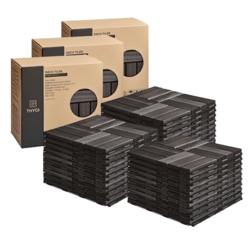 THYOI Deck Tiles, Patio Flooring - Outdoor Waterproof Acacia Wood Tiles for All Weather Use - Balcony, Backyard, Indoor &amp; Outdoor (Black Crossed Pattern, 30 Pcs - 30 Square Ft)