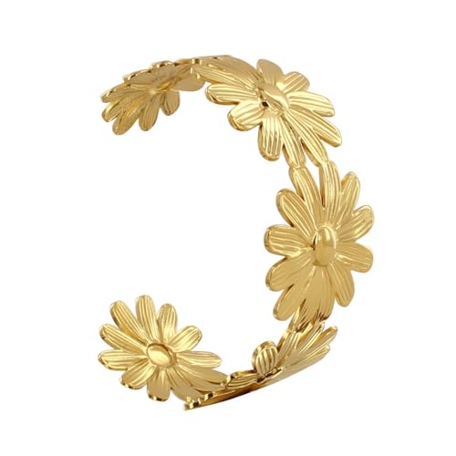 Bracelet Acier Doré Manchette Marguerites : Bijou Femme Tendance