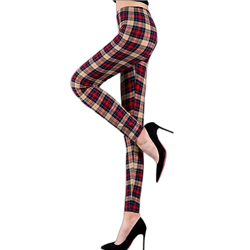 [MT's SHOP] レギンス 9分丈 レディース パンツ 柄物 通気性 伸縮性 ストレッチ 美脚 フリーサイズ FA380 (赤黄色（チェック柄）)