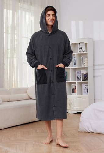 Vulcanodon Mens Hooded Robe, Plush Fleece Bathrobes for Men Long Cozy Warm Spa Robe4