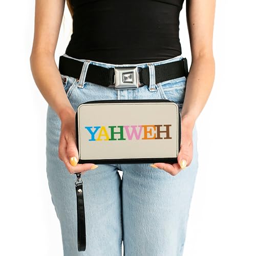 Buckle-Down Wallet, Zip Around, Yahweh Text Beige Multi Color, Vegan Leather3