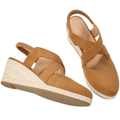 Image of HARENCE Espadrilles Wedge Sandals for Women: Comfortable Closed Toe Ankle Strap Elastic Shoes Summer Dressy Platform Heels