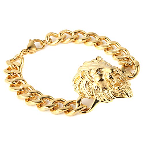 Hzman Heavy Mens Lion Cz Eyes Bracelet Chain Stainless Steel Gold Plated Biker Punk Curb Cuban Rombo Link #TOP2
