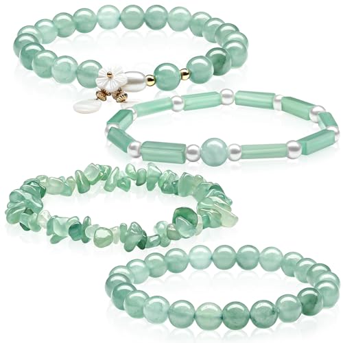 4 Pcs Jade Bracelet for Women Good Luck Wealth Green Aventurine Bracelet 8 mm Stretch Dongling Jade Beaded Spiritual Gift