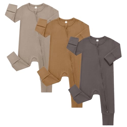 Image of Bafeicao 3 Pack Baby Boy Girl Rompers with Mitten Cuffs, Ribbed Cotton 2 Way Zipper Romper One Piece Jumpsuits Clothes