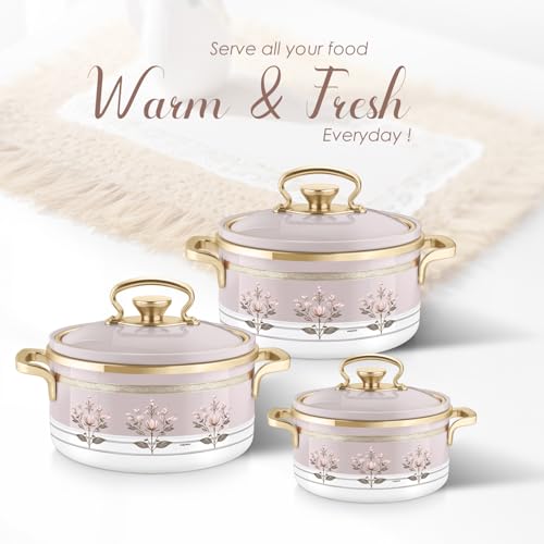 Image of Nayasa Rachel Casserole- Big Set of 3, 1000, 1500, 2000 ML | BPA Free | Food Grade | Easy to Carry | Easy to Store | Hot Pot for Kitchen | Roti Box | Pink