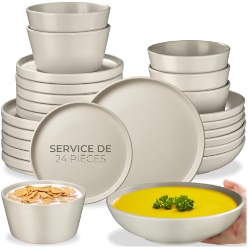 tectake® Service de table 6 personnes Service vaisselle et arts de la table 24p. avec 6x Assiettes creuses 6x assiettes plates 6x assiette à dessert 6x bols...
