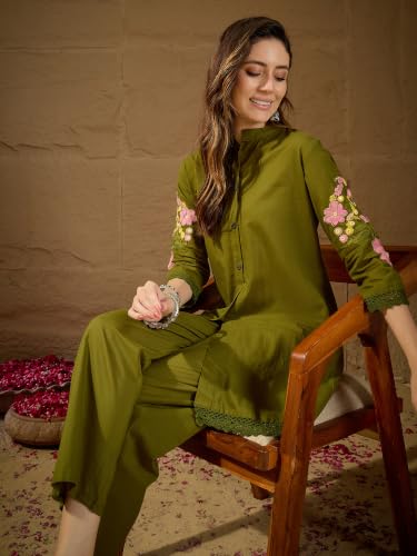 Image of Truvon Fashions Stylish Women's Co-Ord Kurta with Pant Sets - Cotton Floral Kurti Pant Set for Womens