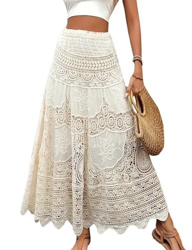Women's Crochet Skirt High Waist Maxi Stretchy Boho Hollow Out Flowy Lace Skirts