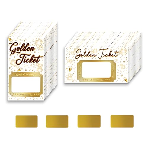 Image of PLIGREAT 120 Pcs Gold Ticket Scratch Off Cards with Stickers, Ribbons DIY Make Your Own Scratch Off Tickets DIY Coupon Cards for Small Business, Bridal Shower Activity, Party Supply (2 Styles)