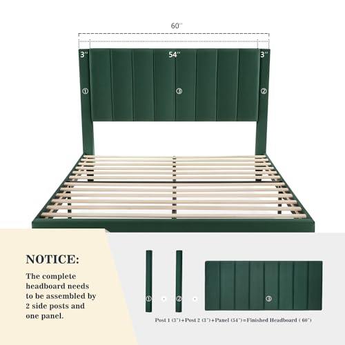 Image of Allewie Queen Bed Frame /Velvet Upholstered Bed Frame with Vertical Channel Tufted Headboard /Strong Wooden Slats /Platform Bed Frame /Mattress Foundation /Box Spring Optional /Easy Assembly /Green