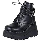 CELNEPHO Platform Boots for Women, Square Toe Lace up Zip Chunky High Heel Combat Wedge Ankle Boots
