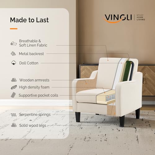 Image of VINGLI Beige Accent Chairs for Living Room, Line Comfy Upholstered Chair Mid Century Modern Armchair for Bedroom, Home Office, Small Spaces, Apartment