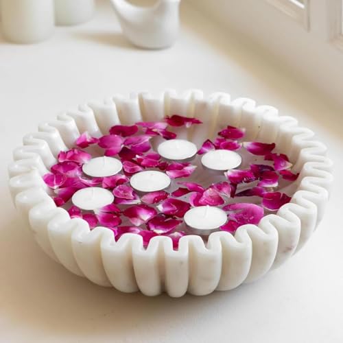 Image of Marble Urli Bowl for Decoration | Big Potpourri Decorative Bowls in Home decor | Large White Floating Flower Plates of Stone | Small Shape puja Item | (6 inch, Ruffle)