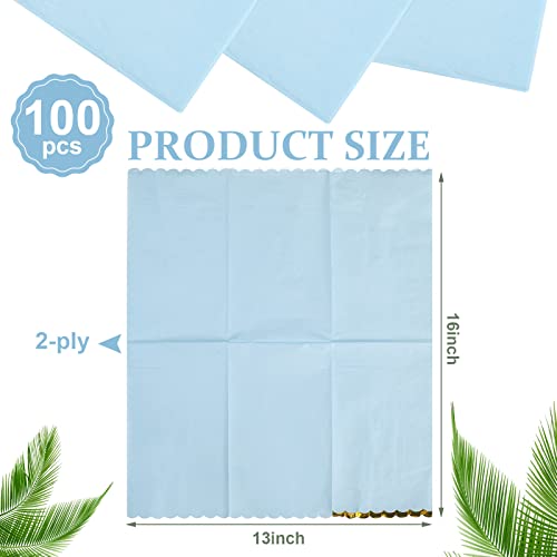 Hsei 100 Pcs Blue Napkins Light Blue Scalloped Cocktail Napkins With Gold Foil 2 Ply Disposable Paper Napkins Beverage Napkins For Wedding Dinner Birthday Baby Shower Party Supplies, 13" X 16" #TOP1