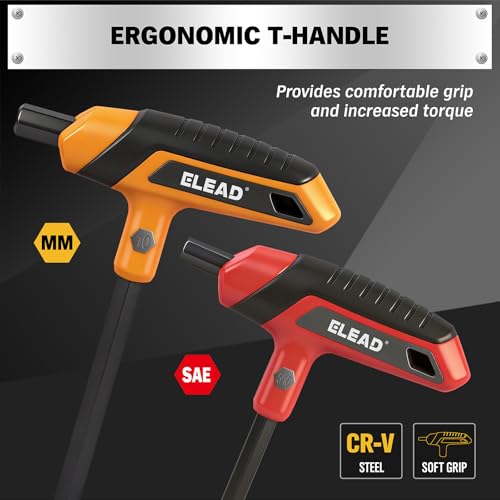Image of ELEAD 14-Piece T-handle Allen Wrench Set, Metric 2.5mm-10mm & SAE 1 /8 inch-3 /8 inch Portable Hex Key, Long Arm Allen Key Set with Storage Rack for Basic Home Repair and Mechanical Maintenance