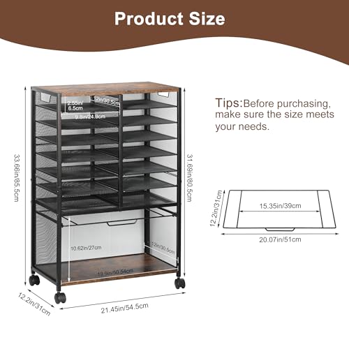TQVAI 9 Tier Rolling File Cart 14 Slots Mail Sorter Filing Cabinet with Hanging Folder Rack Mobile Sliding Letter Trays Paper Literature Storage Organizer for Home Office, Black/Antique