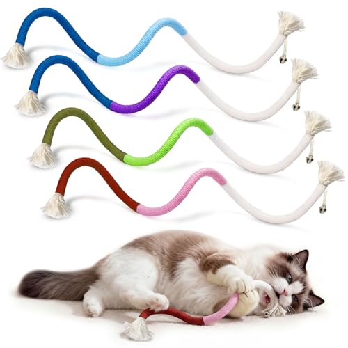 AGYM 4 Pack Interactive Cat Chew Rope Toys - Durable Hand-Woven Cotton Teaser Sticks with Jingle Bells - Safe Teeth Cleaning & Teething Toys for Indoor Cats Kittens and Aggressive Chewers