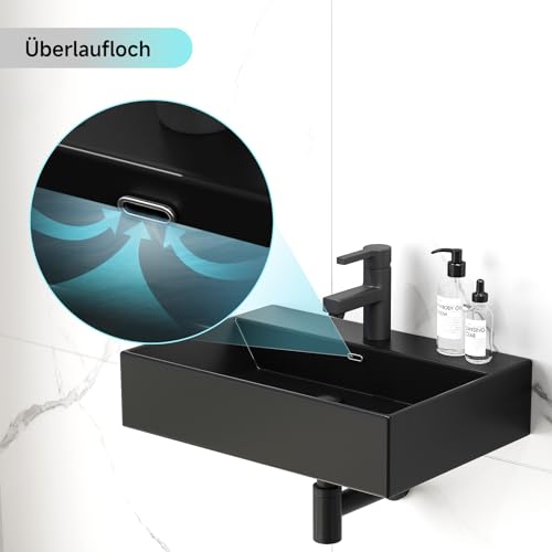 Waschbecken Waschtisch aus Keramik - 60x42x14cm - Aufsatzwaschbecken Eckig - Hänge Waschbecken Bad - mit Hahnloch und Überlauf - waschbecken klein gäste wc Handwaschbecken Aufsatzwaschtisch Schwarze