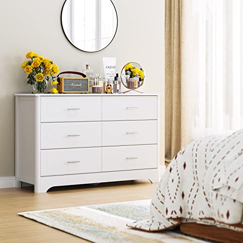 Hosatck 6 Drawer Dresser For Bedroom, Modern White Dressers, Wide Chest Of Drawers With Metal Handels, Wood Storage Dresser Chest For Bedroom, Closet, Hallway, Living Room, White #TOP3