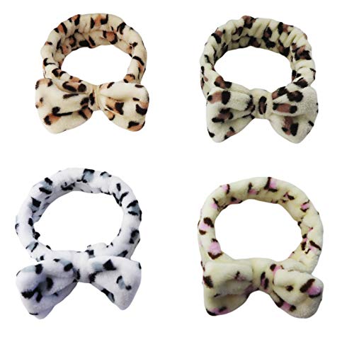 4 Pack Spa Facial Make-up Leopard Headband Flannel Bow Hair Band for Shower Washing Face