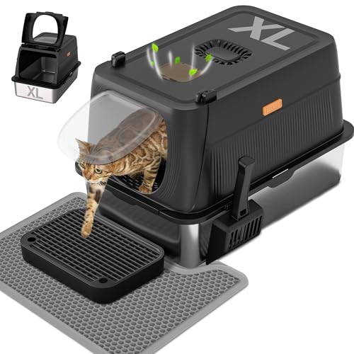 Image of Anywish Stainless Steel Cat Litter Box with Lid, XL Extra Large Enclosed Removable Metal Litter Box with Litter Scoop&Double Layer Litter Mat, Non-Sticky, Non-Odor, Easy Cleaning, for Big Cats, Black