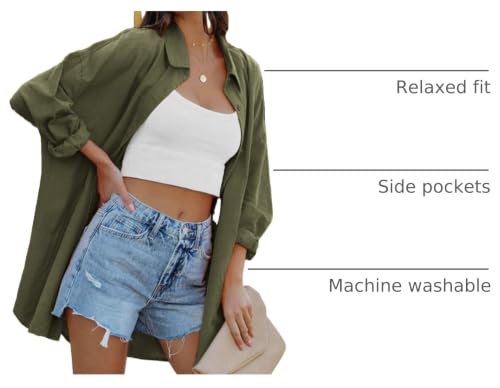 Image of FSHAOES Womens Oversized Button Down Shirts Casual Loose Long Sleeve Solid Lapel Long Blouses Tops with Pockets