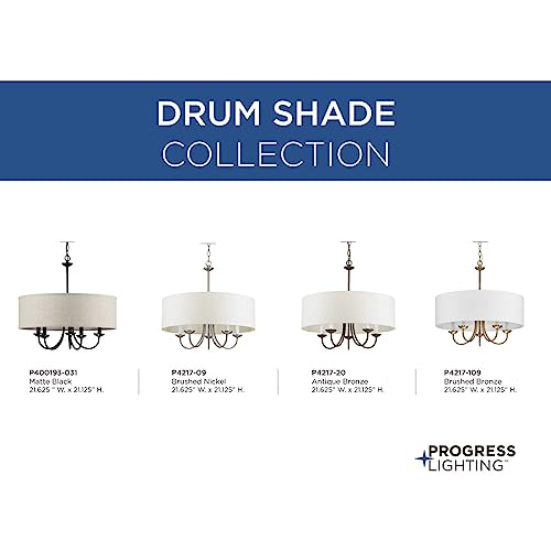 Progress Lighting Drum Shade Collection Five-Light Chandelier, Farmhouse Style Hanging Ceiling Light Fixture for Dining Rooms, Foyers, White Fabric Shade, Brushed Bronze by Progress Lighting - Image 5