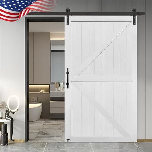 S&Z TOPHAND® 60in x 84in MDF Barn Door with 10FT Sliding Door Hardware Kit, 24-60in Solid Barn Door Slab Covered with Water-Proof PVC Surface