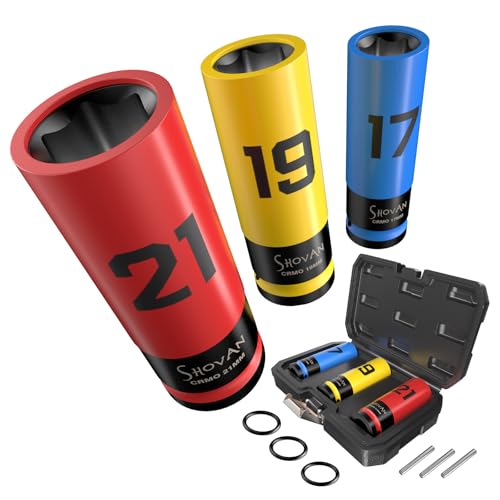 Kit de Douilles pour Bullons de Roue (17/19/21mm) - Embrayage 1/2' compatible clés dynamométriques/à impact, acier Cr-Mo anti-usure, protection 360° jantes, idéal pour voitures/SUV