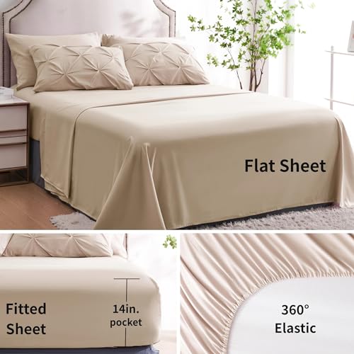 Ubauba 7pc Beige King Size Comforter Set with Sheets, 7 Piece Pintuck Bed in a Bag Ivory Bed Set with Comforter, Off White Bedding Comforters & Sets (Cream, King)