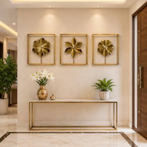 Image of Framing Hub - Metal Flower Wall Decor Set of 3 Gold Iron Leaf Floral Wall Art Decorative Hanging for Living Room Bedroom Home (16 x 16 Inch)