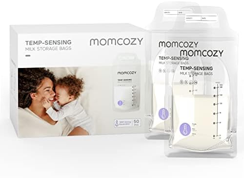 Momcozy Breastmilk Storage Bags, Temp-Sensing Discoloration Milk Storing Bags for Breastfeeding, Disposable Milk Storage Bag with 6oz Self Standing, No-Leak Milk Freezer Storage Pouches, 50pcs