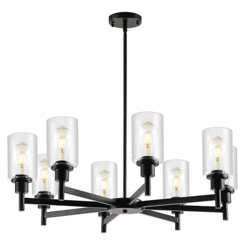 9MMML Farmhouse 8-Light Glass Chandelier, Modern Black Chandelier for Kitchen