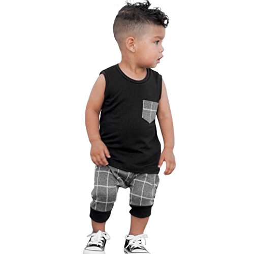 Oyedens Ensemble Bebe Garçon, Mode Debardeur Short Ensembles Bébé Fille Garçon Ensemble Haut sans Manches Chemise T-Shirt + Pantalon Baptême Cadeau d'anniversaire (Noir, 12-18 Mois)