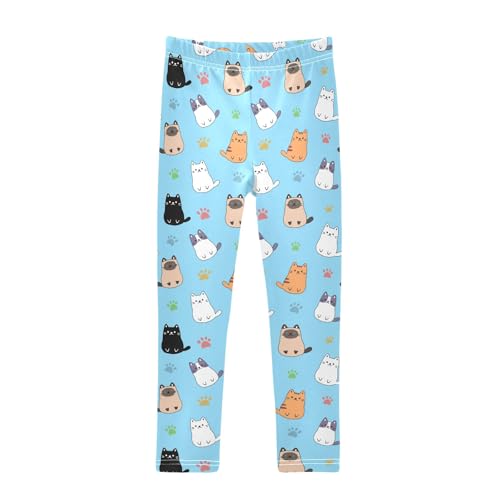Cute Cartoon Simple Cats Blue Girls Leggings Soft Comfortable Athletic Leggings Dancing Pants for 4-10 Years