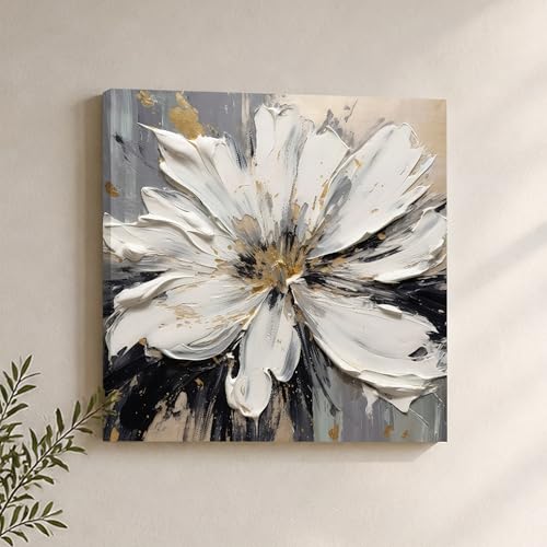Image of PAINTINGMANTRA Modern Floral Texture Stretched Canvas Painting for Living Room | White Flower Canvas Wall Decor Art For Livingroom, Bedroom, Office, Hallways - 22x22 Inch