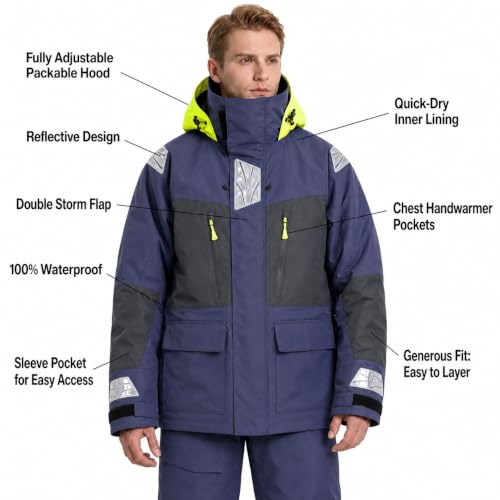 Image of Men's PRO Offshore Sailing Suit, Waterproof Jacket & Bib Pants | 3-Layer Fabric, Hi-Vis Hood, Reinforced Hips And Knees, Adjustable Suspenders, Reflective Safety Details