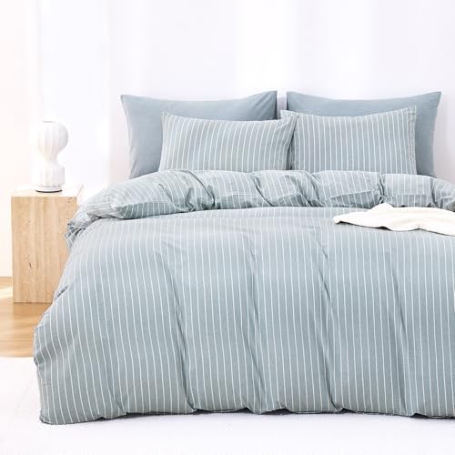 Image of Wake In Cloud - Striped Cotton Duvet Cover Set, Ticking Stripe Vertical Pinstripe Farmhouse, 100% Washed Cotton Textured Bedding Set, 3 Pieces, Blue, Twin /Twin XL Size