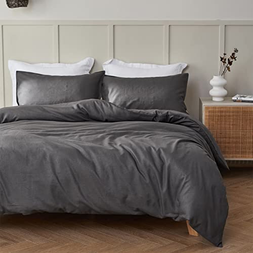 Simple&Opulence King Duvet Cover with 2 Pillowcases,Soft Cotton Linen Duvet Cover,King Size Bedding Set with Button Closure,Hypoallergenic Breathable Quilt Cover Set,230x220 cm,Charcoal Grey