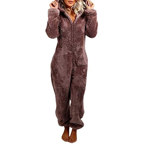 Women Fleece Onesies Adult Sleepwear One Piece Hooded Pajamas Ladies Winter Warm Fluffy Plush Sleepsuit (Coffee, M) Cover
