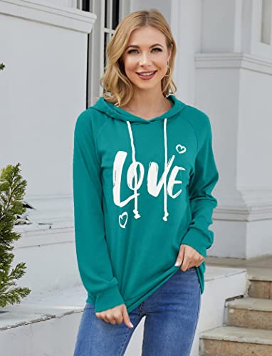 Syellowafter Women Casual Graphic Printed Pullover Sweatshirt Love Letter Hoodie Lightweight Fall Tops Blouse Teal Green X-Large #TOP1