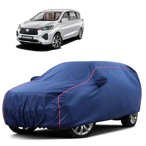 Image of Sulfar 100% Water Resistant Car Body Cover Compatible with Mirror for Toyota Rumion(Ertiga) (Triple Stitched, Full Bottom Elastic, Blue Tafetta with Red Piping)